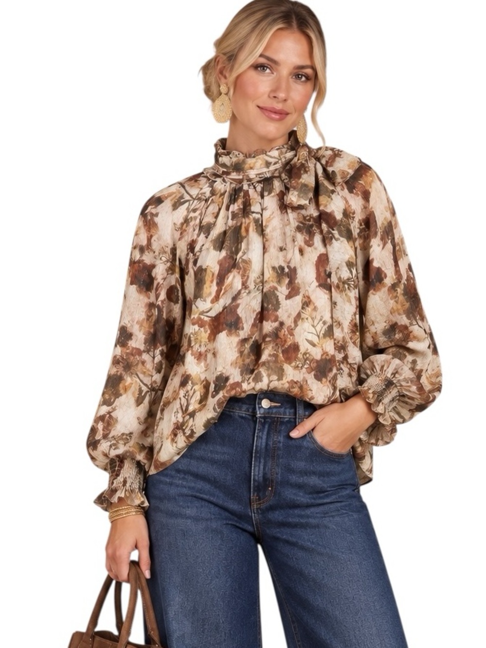 Umgee Fall Floral Balloon Sleeve Tie neck Blouse